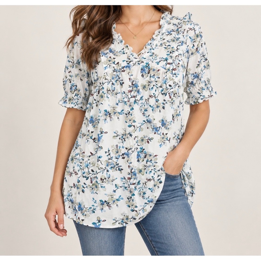Emery Rose Floral Blouse Womens Large White Blue Ruffle V-Neck Boho Tunic Top